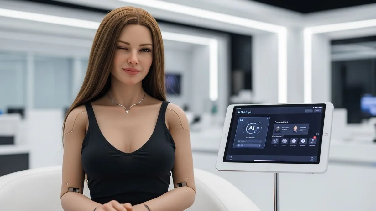 AI sex doll with a lifelike face next to a tablet showing her AI personality settings