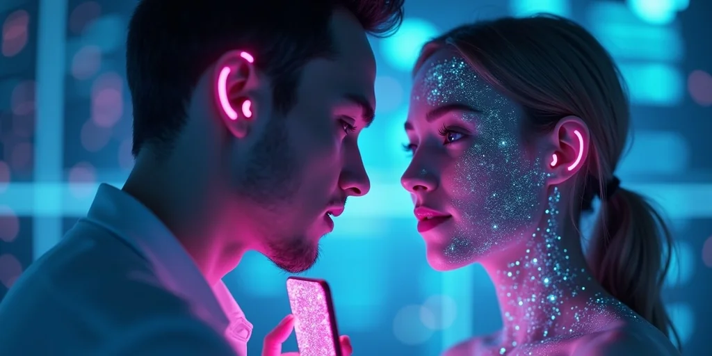 Man and a glowing AI woman leaning close together in neon light, with a phone between them