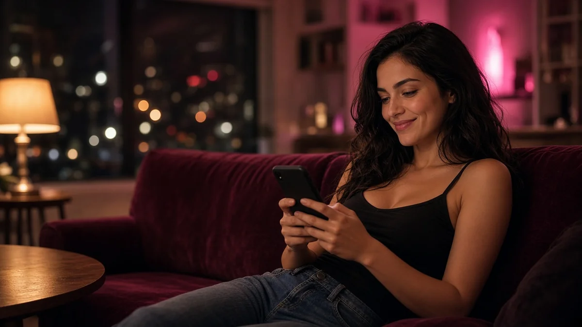 Smiling dark-haired woman in a black camisole texting on her phone on a velvet sofa at night