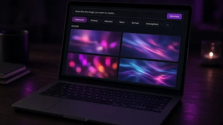 Laptop running a free AI porn generator with a prompt box and abstract image results