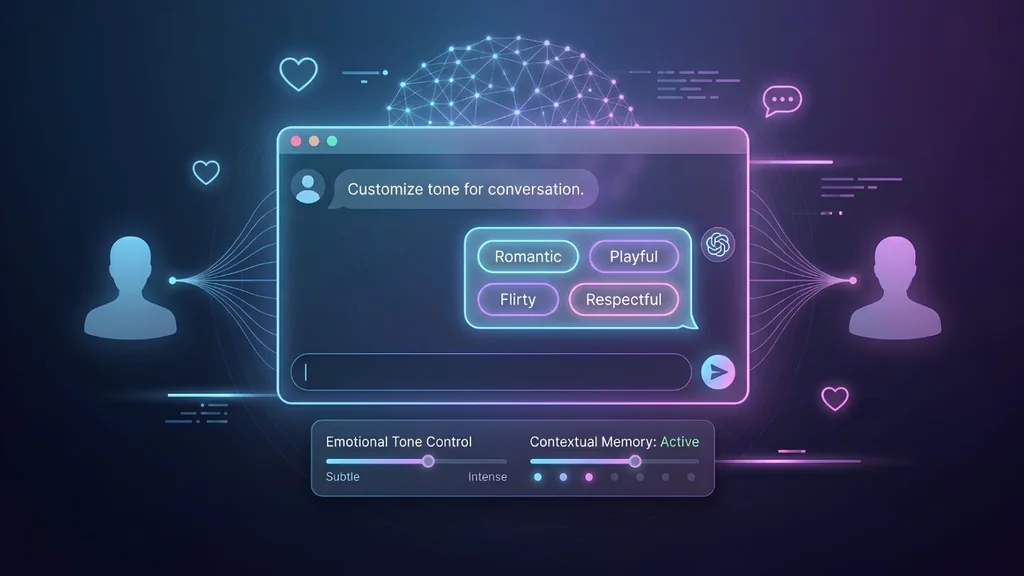 Chat window showing tone options Romantic, Playful, Flirty and Respectful, with sliders for emotional tone and contextual memory