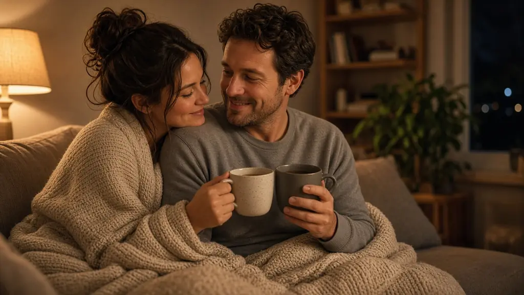 Adult couple wrapped in a knit blanket on a sofa, sharing tea and a reassuring smile after a scene