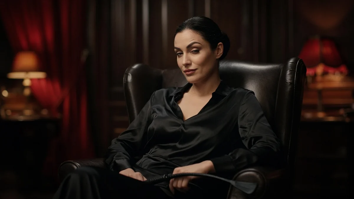 Confident dark-haired woman in black satin lounging in a leather armchair with a riding crop and a teasing smile