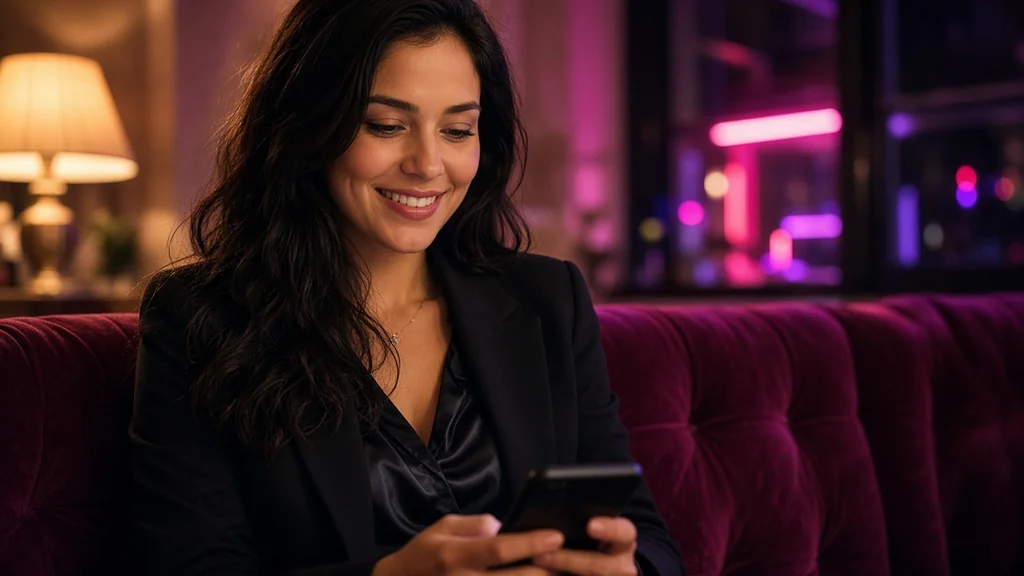 Smiling dark-haired woman in a black blazer reading a sweet message on her phone on a velvet sofa at night