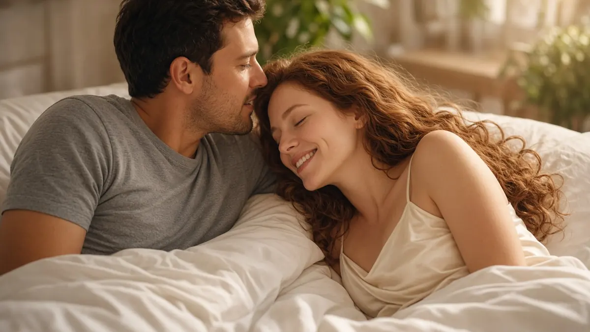 Smiling adult couple in bed in morning light as he whispers a compliment in her ear