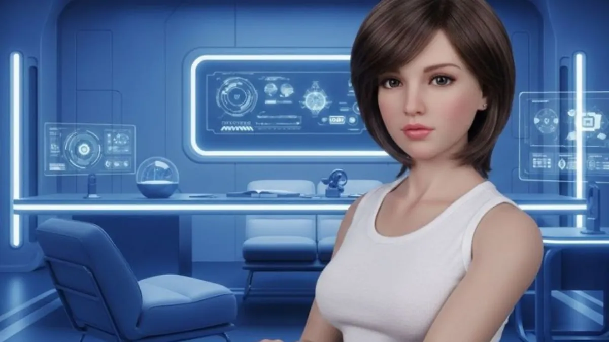 Adult AI sex robot with a brown bob haircut in a futuristic room